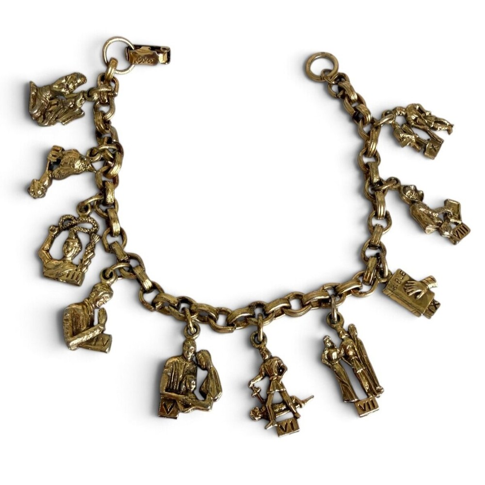 Vintage Coro Ten Commandments Charm Bracelet Gold Tone Religious Catholic CGIBra
